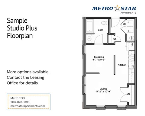 A floor plan for a studio apartment with a living area, kitchen, and bathroom.